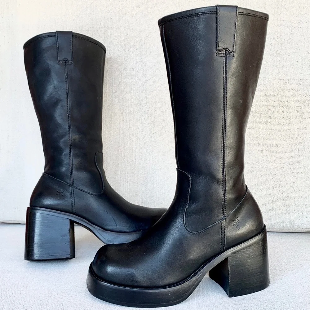 FRYE Vintage Y2K Dorian Platform Chunky Heel Tall Black Zippered Boots, Size 9 - Picture 2 of 13